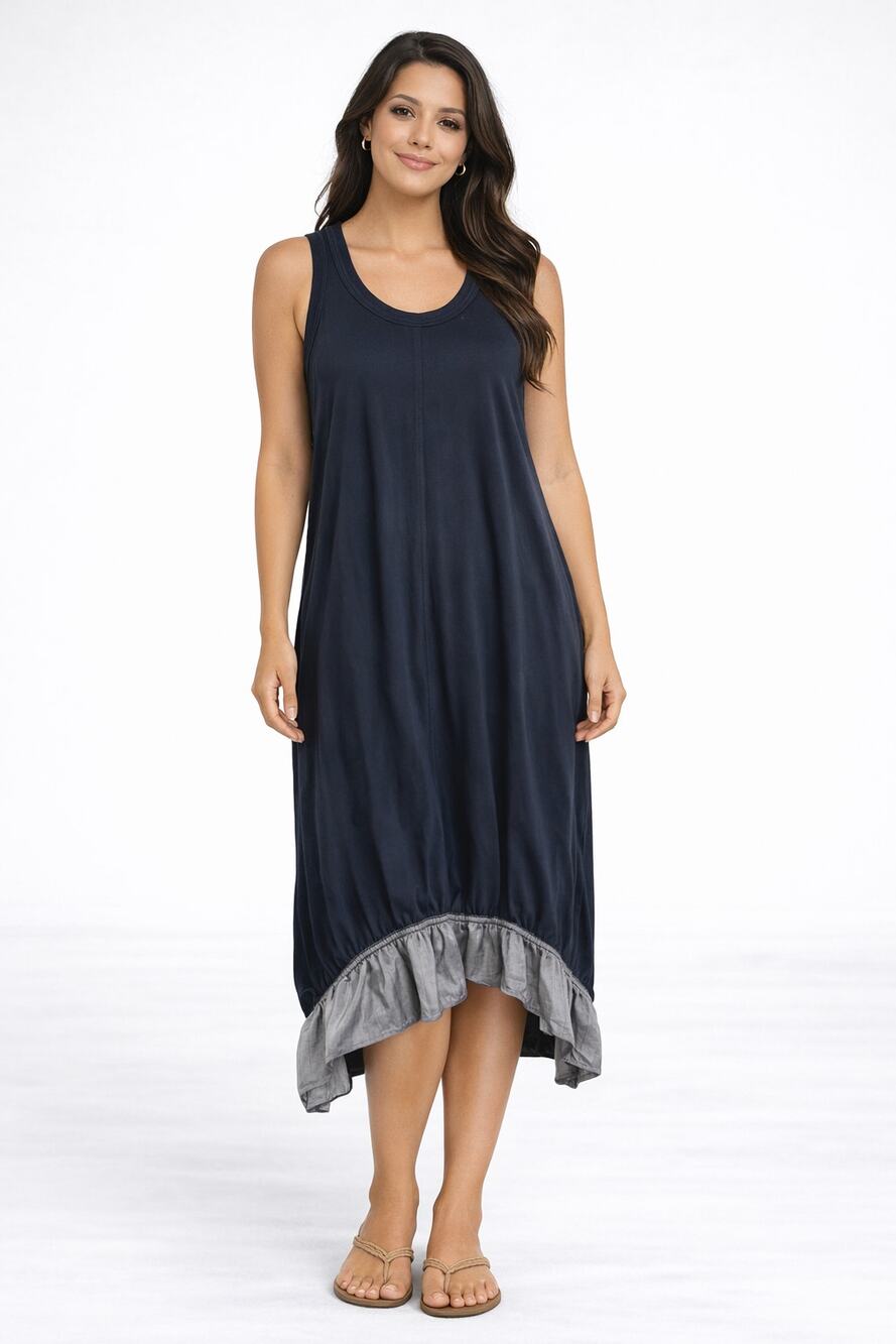 CLU Sleeveless Oversized Midi Dress Womens XS Navy Blue Grey Shift Scoop Neck
